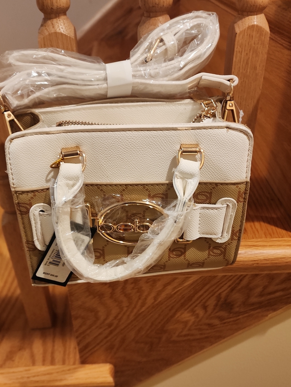 Bebe Leilani Monogram Top Handle Crossbody Bag Almond/Cream Gold Hardware NWT - Picture 2 of 5